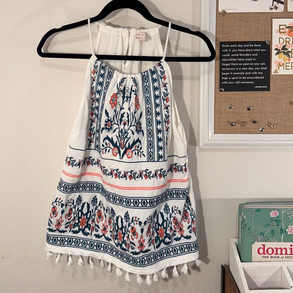 Skies Are Blue Boho Embroidered Tassel Tank Top